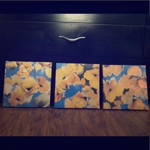 Blue and yellow abstract floral canvas set.